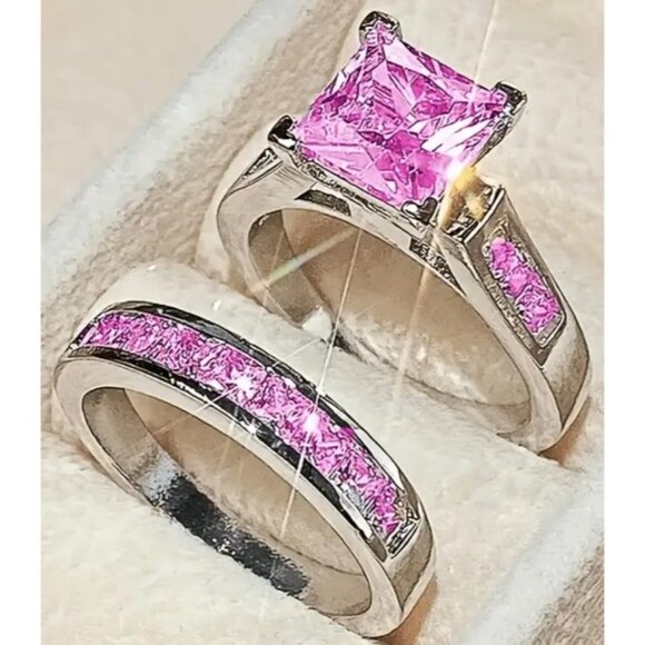 Princess Cut Pink lab Sapphire Engagement Wedding Ring set in 14k gold plated - Picture 2 of 2